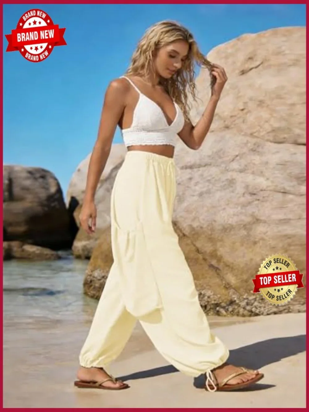 Drawstring Harem Pants with Pockets Boho Baggy Gauze Palazzo Summer Travel - Picture 5 of 7